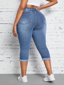 Jeanoix Celana Capri Skinny Wanita Ukuran Besar dengan Tali Serut di Pinggang dan Saku, Model Sobek-sobek - Biru - View 2