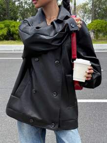 Muchica 2025 新款极简主义女式纯色 PU 皮革翻领长袖双排扣宽松休闲夹克秋季女式冬季返校 Y2k 2000 年代风格街头服饰朋克返校节万圣节商务休闲女式哥特韩版外出 - 黑色 - 查看 3