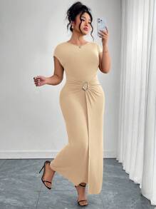 Ellevyn Plus Size Women Elegant Round Neck Metal Button Decor Twist Waist Long Dress, Suitable For Work And Everyday Wear - Khaki - View 3