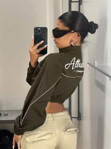 SHEIN ICON 字母拼接细节撞色滚边短款黑色秋装女式夹克 - 軍綠色 - 查看 2