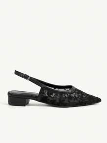 CUCCOO CHICEST 女士优雅百搭舒适黑色网眼蕾丝尖头低跟露跟平底鞋 - 黑色 - 查看 3