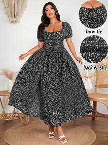 SHEIN Clasi 大码女式优雅浪漫碎花蝴蝶结领高开衩泡泡袖时尚连衣裙，春夏 - 黑與白 - 查看 2