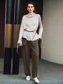 Uhlyne 女士缎面丝绸长款不对称口袋褶皱休闲裤,简约优雅百搭通勤风格,深咖啡棕色,秋季,极简主义,工作服,教师装,返校,秋季,中性服装,商务休闲,老钱风格美拉德风格 - 棕色 - 查看 4