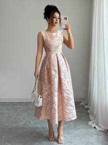 Elenzga Women's Floral Jacquard Pleated Round Neck Sleeveless Elegant Dress