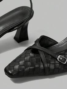 Ontre 女士编织带方头中跟高跟鞋 - 黑色 - 查看 5