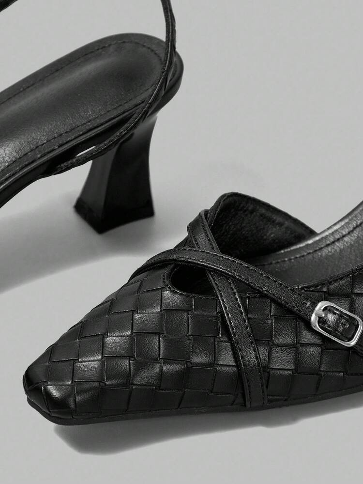 Women's Woven Strap Square Toe Mid Heel Pumps