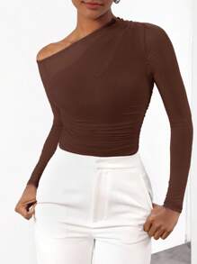 Cheerfulab Asymmetrical Keyhole Off-Shoulder Sheer Mesh Bodysuit Women Vacation Spring & Summer Beach - Brown - View 4