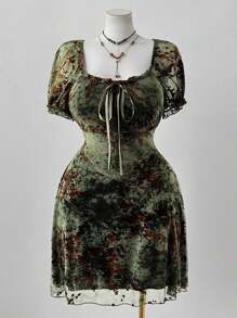 Sunspun 大码 A 字短袖网眼植绒拼接连衣裙 - 彩色 - 查看 3