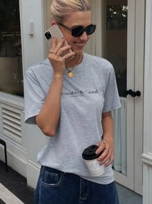 DAZY Camiseta gris holgada y casual con estampado de letras para mujer - Gris - Ver 4