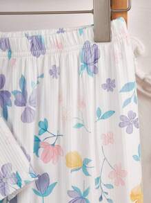 女童修身休闲轻便睡衣套装，优雅彩色花卉印花翻领开衫和长裤，2 件套家居服 - 白色 - 查看 5