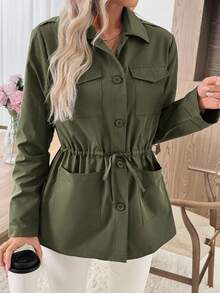 EMERY ROSE 女式纯色长袖抽绳腰单排扣休闲风衣绿色夹克女式女式绿色西装外套绿色工装夹克女式冬装冬季夹克冬季外套冬季外套女式冬装女式冬装 - 軍綠色 - 查看 4