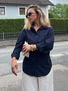 Jeta Ari 女士纯色休闲百搭宽松长袖翻领口袋衬衫，适合春夏季亚麻 - 藏蓝色 - 查看 5