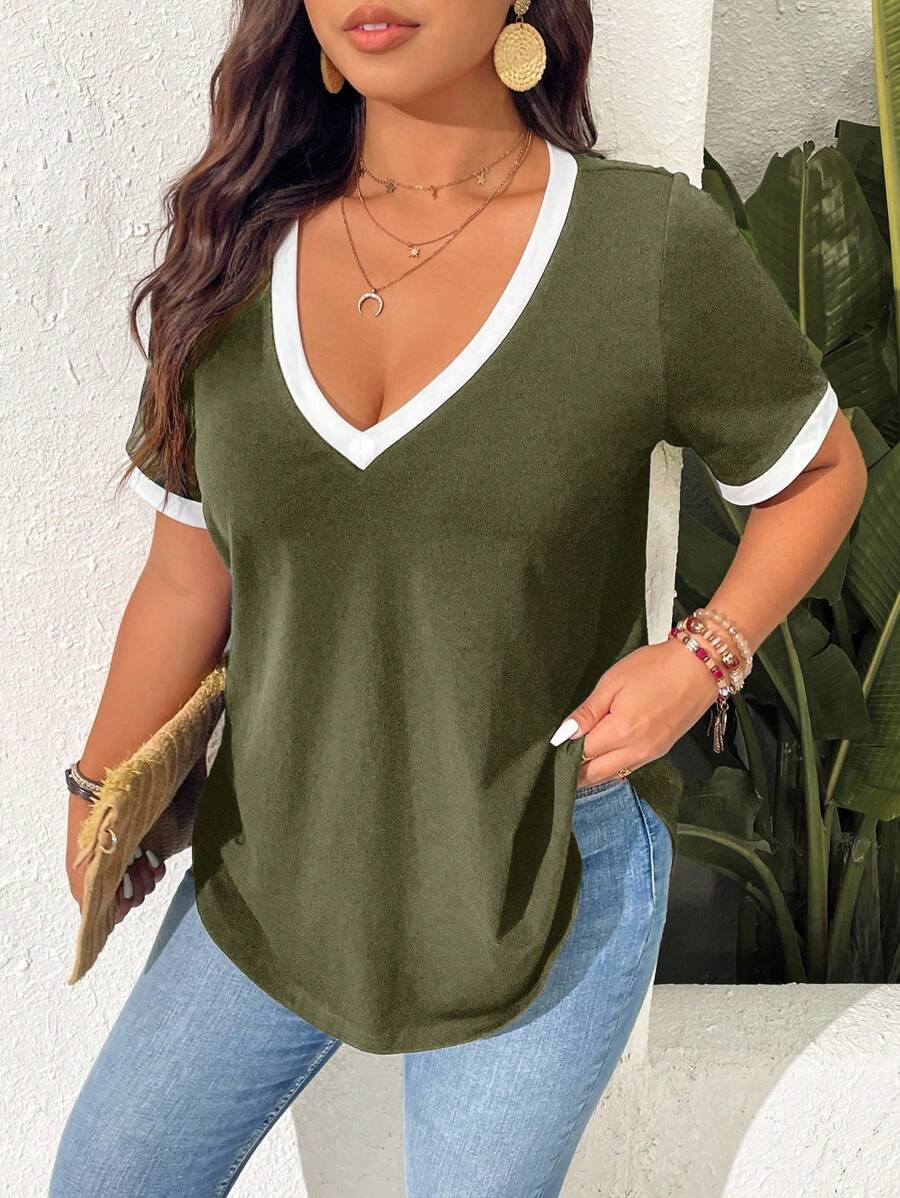 SHEIN Frenchy Áo thun nữ cổ chữ V tay ngắn màu tương phản cỡ lớn, thường ngày đa năng, mùa hè - xanh quân đội - Xem 1