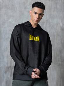 BATMAN X SHEIN 男士休闲街头连帽衫，带有赛车和动漫英雄人物字母图案，宽松男士图案连帽衫，秋季 - 黑色 - 查看 3