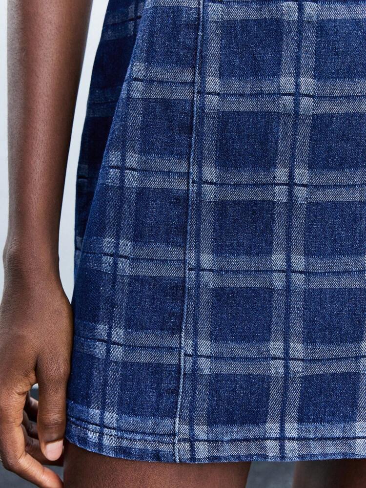 SHEIN Maija Women's Blue Denim Dress Sleeveless Round-Neck Slim-Fit Short Dress With A Classic Plaid Preppy Style