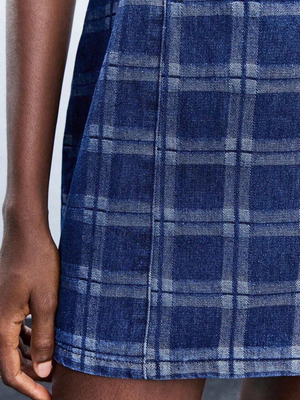 SHEIN Maija Women's Blue Denim Dress Sleeveless Round-Neck Slim-Fit Short Dress With A Classic Plaid Preppy Style