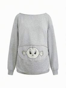 SHEIN 孕妇休闲可爱卡通图案拉链细节运动衫，适合日常穿着 - 灰色 - 查看 10