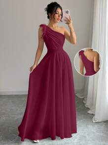 Modelyn French Retro Fairy-Like Shoulder Dress - Burgundy - View 5