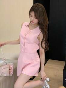 DAZY Plaid Design 2pcs/Set Women Vest And Shorts Set, Suitable For Weddings, Dates And Nights Out - Pink - View 6