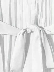 Franclia 女士加大码优雅纯色 V 领褶皱面料装饰蝴蝶结腰带褶皱全圆裙度假海滩休闲时尚衬衫和裙子 2 件套 - 白色 - 查看 6