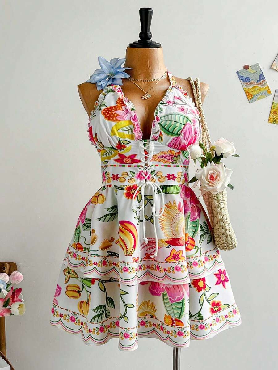 Soleia Plus Size Women Retro Floral Print Frill Halter Neck Tie Front Casual Summer Dress, Romantic, Graduation Season, Wedding Season, Back To School, Cute Lunch, Summer Travel