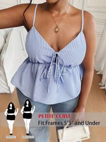 SHEIN PETITE CURVE Talla grande 2025: Top de tirantes con lazo delantero en azul - y blusas casuales tipo babydoll, usables en todas las estaciones