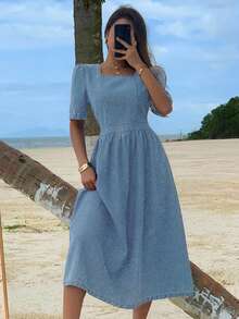 DAZY Western Style Square Neck Puff Sleeve Ruched Denim Dress For Women, Summer Sundress Vacation Outfits Women - Light Wash - View 5