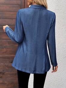 SHEIN LUNE 女士纯色翻领长袖休闲宽松蓝色牛仔西装外套，适合夏季、秋季外出穿着，基础款上衣 - 藍色 - 查看 2