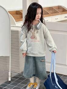 DAZY 韩版卡通印花长袖卫衣，春秋冬季女童套装 - 灰色 - 查看 3