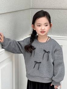 DAZY 女童圆领蝴蝶结吊带韩版长袖卫衣，春秋季 - 灰色 - 查看 4