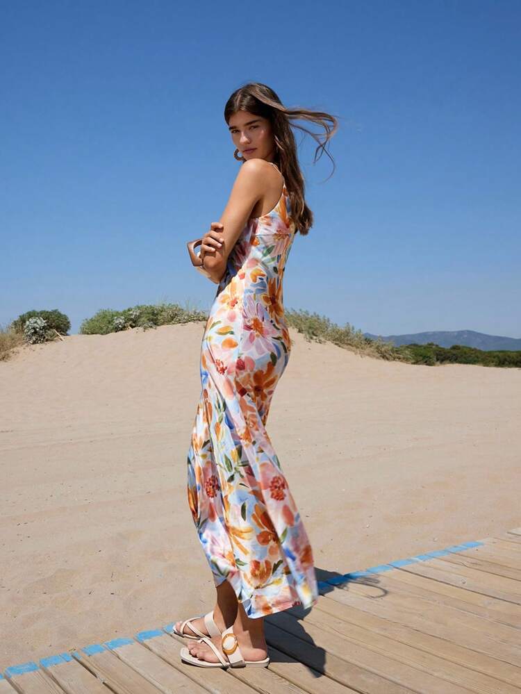 SHEIN Maija Women's Floral Print Sleeveless Casual Dress, Summer New Arrival, Ladies Beach Dress, Club Fashion Outfit, Holiday Essential, Elegant Floral Women's Dress, Suitable For Various Occasions  Women Easter Summer Outfits Easter Dress Women Party Top Beach Dress Summer Holiday Outfits Each Vacation Outfits For Women Elegant Women's Blouses Casual Blouse For Women Formal Attire For Women Office Wear Women Business