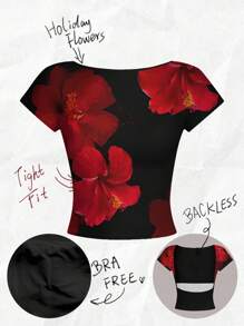 Casual Vacation Style Sexy Backless Padded Halter Top, Red & Black Tropical Floral Print Women's Backless Bodycon T-Shirt, Suitable For Summer Vacation Suitable For Going Out, Built-In Bra - Multicolor - View 5