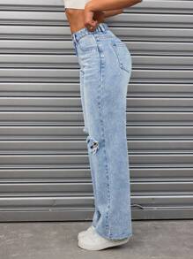 SHEIN ICON 大码女式宽松直筒破洞牛仔裤，带口袋，休闲无弹力牛仔裤 - 藍色 - 查看 4