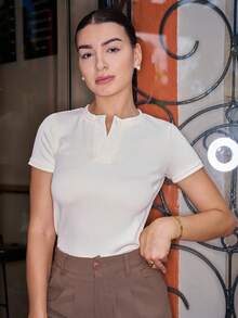 Andrea Bello Solid Button Front Rib Knit Tee Summer - White - View 1