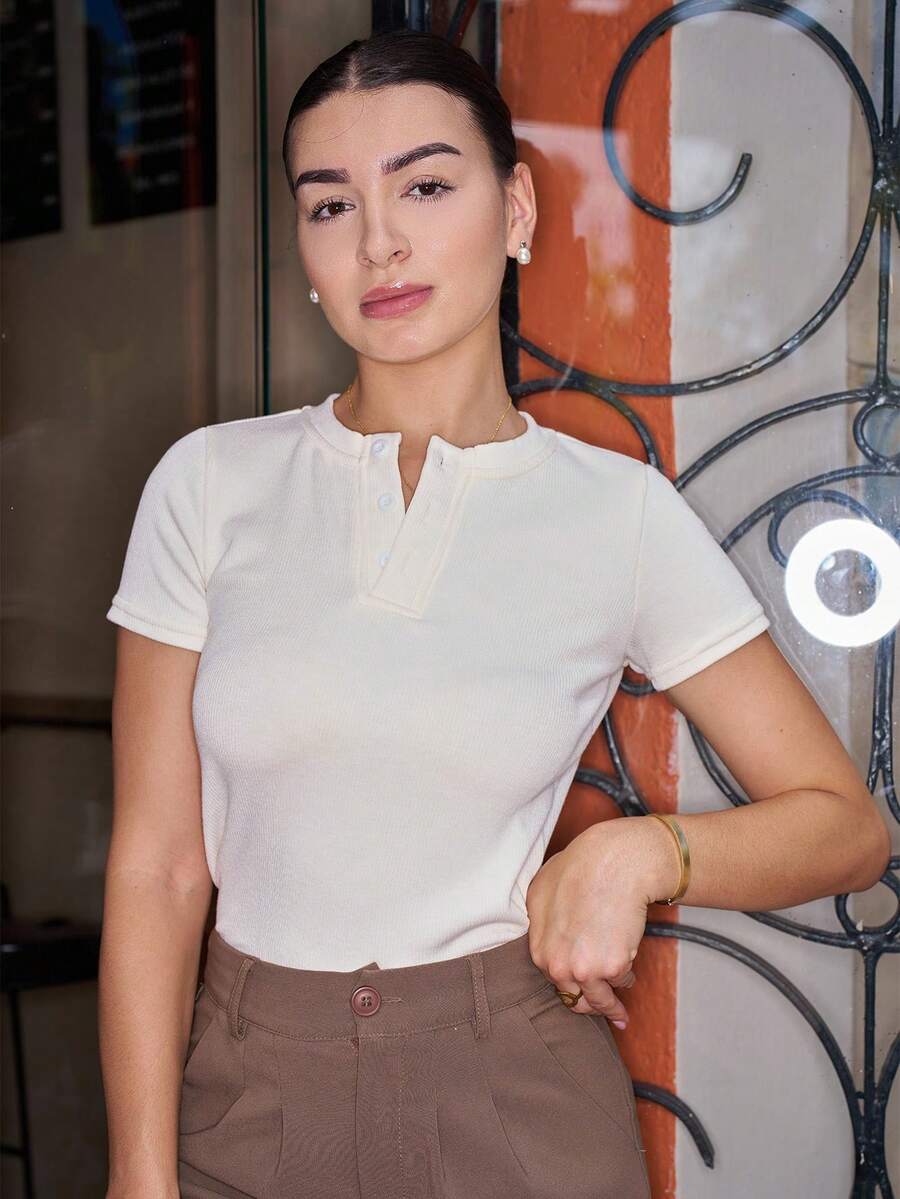 Andrea Bello Solid Button Front Rib Knit Tee Summer - White - View 1