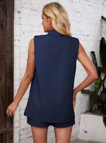 Easowa Bộ vest nữ màu trơn không tay hai hàng cúc và quần short có túi, bộ đồ mùa hè thanh lịch cho mùa thu/đông, phong cách thường ngày. - Màu xanh hải quân - Xem 7