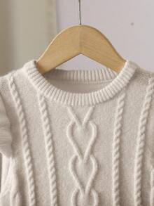 LMoss Kids 小女孩圆领长袖拼布荷叶边纹理针织毛衣裙，适合秋冬季休闲日常穿着，保暖性好 - 杏色 - 查看 3