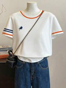 Camiseta de mujer casual y holgada de cuello redondo y manga corta a rayas - Multicolor 4 - Ver 4