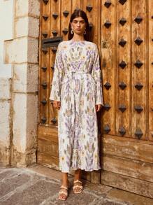 Maija 女式春夏秋装全印花喇叭袖系带连衣裙，度假风格 - 黃色 - 查看 3