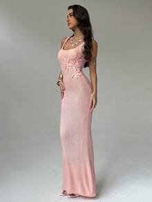 Aloruh 全新时尚年轻度假风格低胸修身纯色3D花卉装饰腰部收腰粉色露背A字长款针织连衣裙 - 粉色 - 查看 6