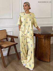 HELLO KITTY | DAZY 卡通图案落肩T恤和裤子宽松女士睡衣套装 - 黃色 - 查看 6