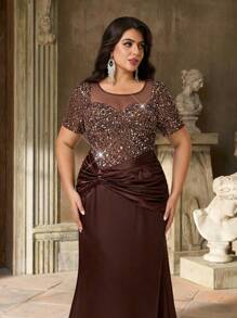 Aureia Plus Size Elegant Romantic Dark Brown Round Neck Sheer Sweetheart Neckline Luxury Beaded Hand-Embellished Sleeve Tassel Chain Satin Mermaid Hem With Train Dress, Suitable For Wedding, Party, Celebration Events, Formal Evening Gown - Coffee Brown - View 7