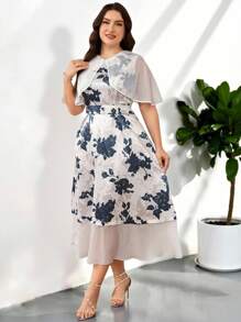 Seusyu Vestido mini elegante de talla grande con estampado floral de patchwork - Multicolor - Ver 5
