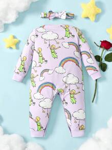 LE PETIT PRINCE X SHEIN Baby Girl Cartoon Rainbow Cloud Star Allover Print Long Sleeve Jumpsuit & Purple Bow Headband - Purple - View 2
