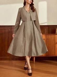 Vintamour 女式千鸟格长袖夹克连衣裙优雅两件套返校节婚礼宾客礼服女式度假服装秋季女装女式教师服装女式生日礼服返校节服装女式连衣裙优雅女式生日服装女式冬装秋装女式办公室服装女式西部工作服女式西部服饰女式工作服教堂服装圣诞节 - 棕色 - 查看 1