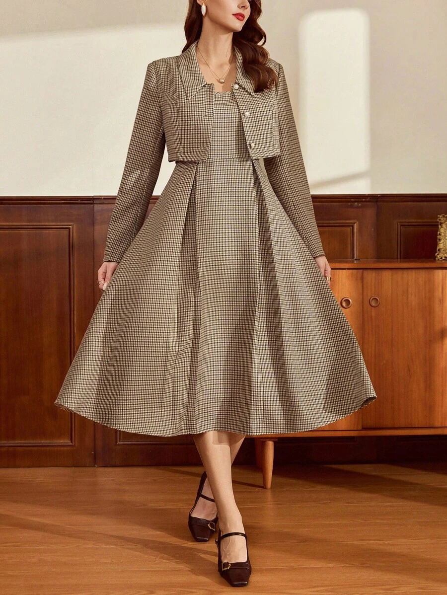 Vintamour 女式千鸟格长袖夹克连衣裙优雅两件套返校节婚礼宾客礼服女式度假服装秋季女装女式教师服装女式生日礼服返校节服装女式连衣裙优雅女式生日服装女式冬装秋装女式办公室服装女式西部工作服女式西部服饰女式工作服教堂服装圣诞节 - 棕色 - 查看 1