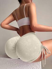 Slayform Slayform Celana Pendek Olahraga Wanita Tanpa Jahitan, Elastisitas Tinggi, Mengangkat Bokong, Berbahan Halus, dengan Tali Serut Samping - Khaki - View 2