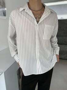 Manfinity Dauomo 男士休闲长袖单排扣口袋宽松条纹衬衫 - 彩色 - 查看 5