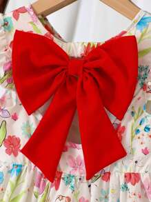 女童优雅印花圆领荷叶袖露背蝴蝶结装饰腰部荷叶边下摆休闲时尚连衣裙，适合度假旅行，夏季女童蝴蝶结连衣裙 - 紅色 - 查看 4