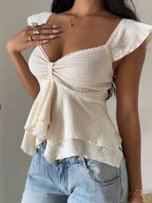 SHEIN EZwear 女士纹理针织荷叶边下摆甜心领口喇叭袖优雅T恤，Rave上衣